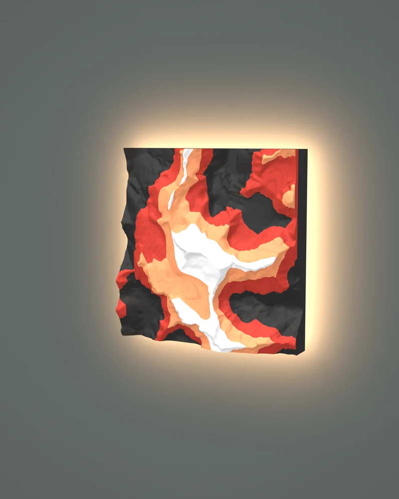 Render: the Tititea / Mt Aspiring tile on its own, standing off a wall with a warm glow around its edges.